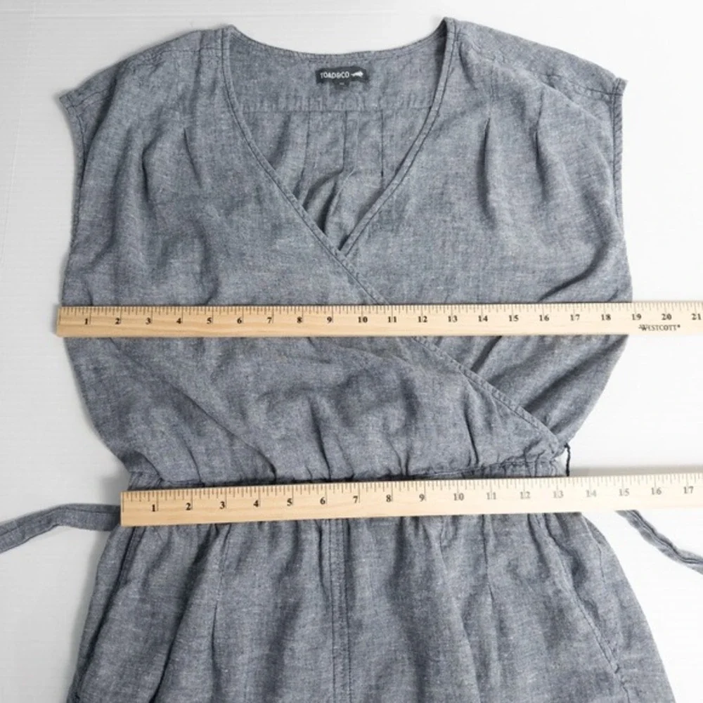 Toad & Co Tara Hemp Romper Medium V Neck Faux Wrap Blue Gray Minimalist‎ Granola